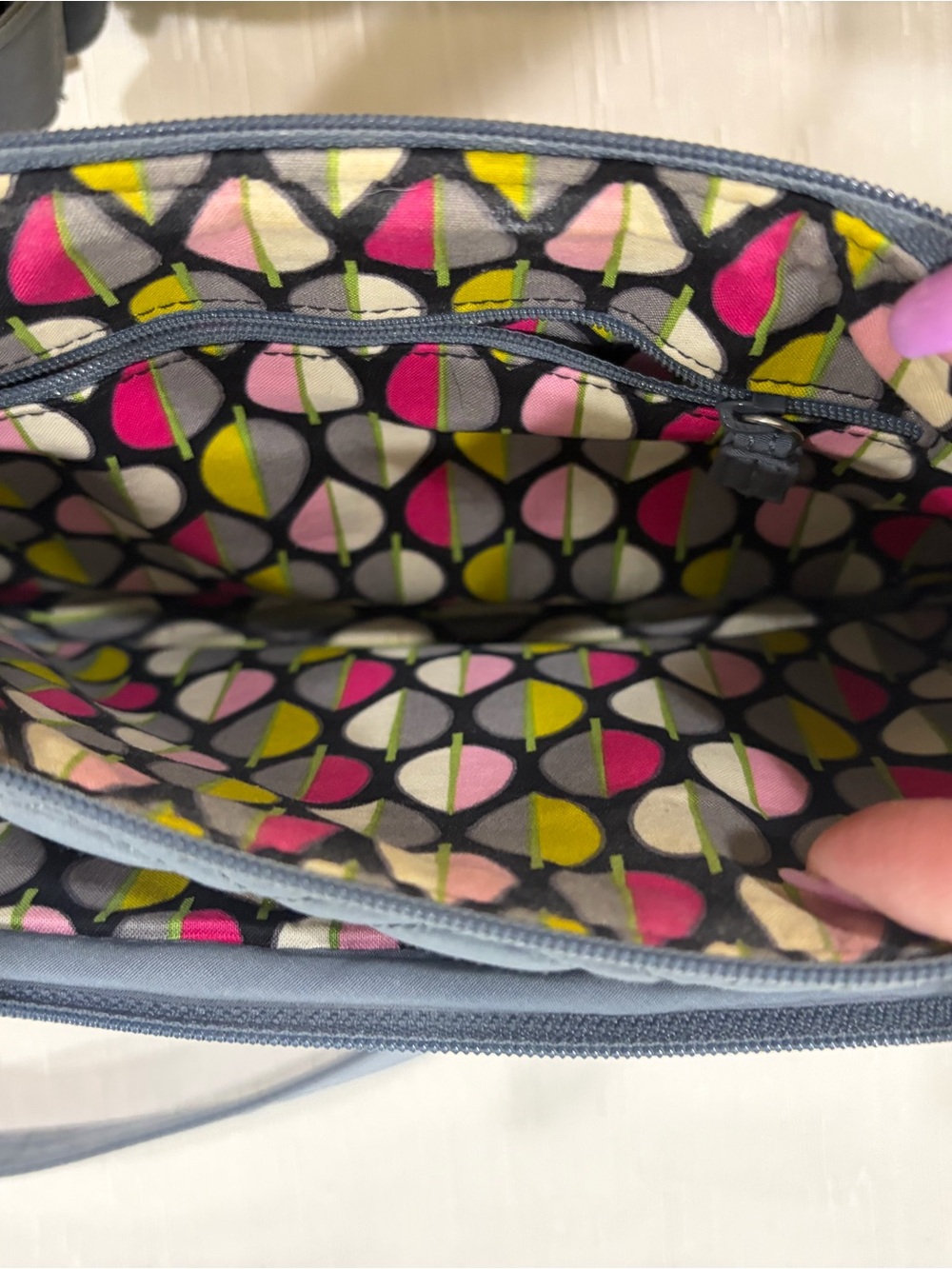 Vera Bradley Gray Crossbody with Pink, Yellow & Green Geometric Lining